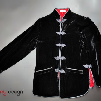 Black velvet coat with plaited buttons